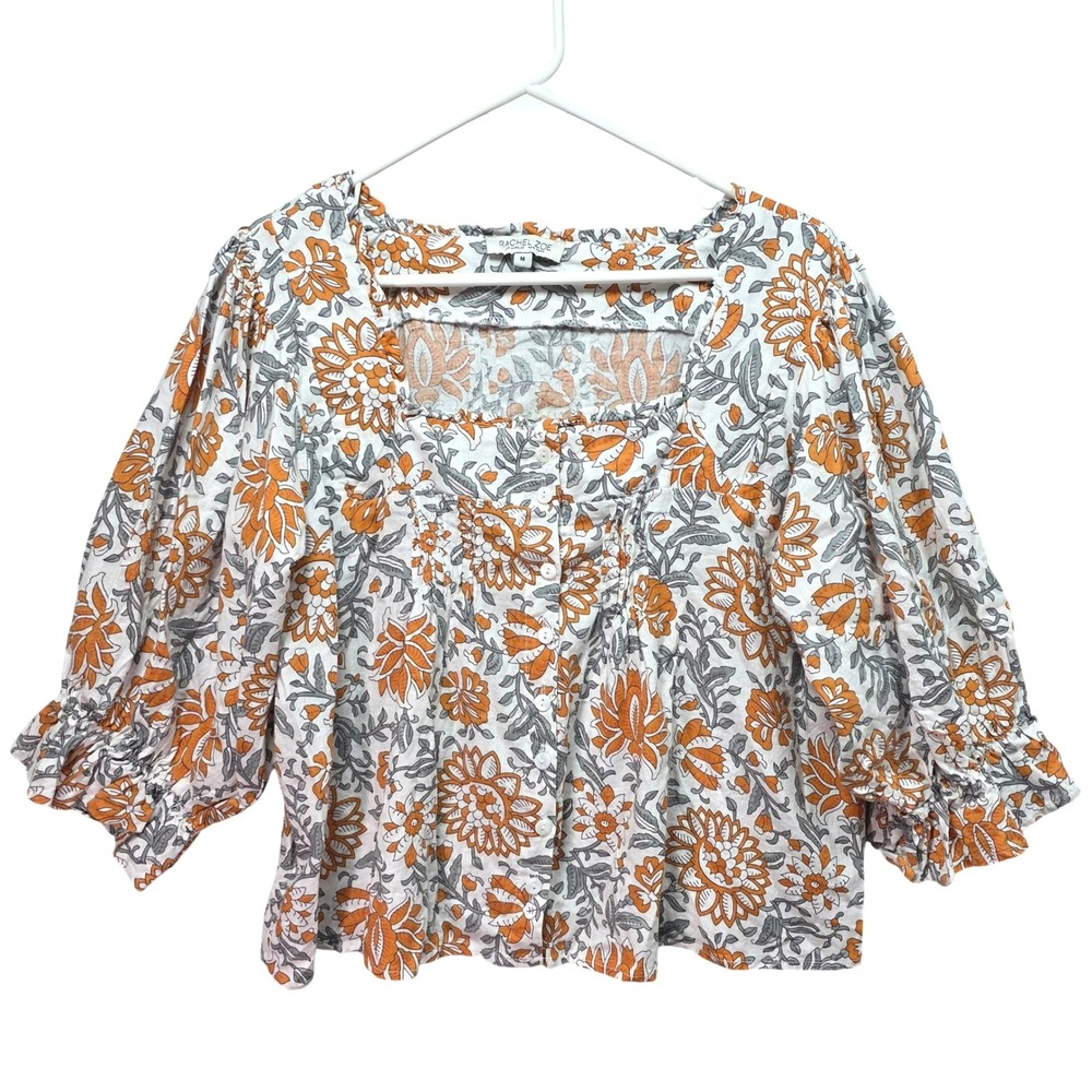Rachel‎ Zoe Womens Linen Blend Floral Blouse Puff Sleeve Square Neck Sz M Orange